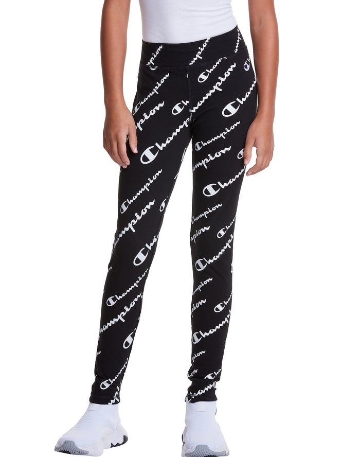 Champion Pige Leggings Sort - Allover Logo - Danmark JCE-890437